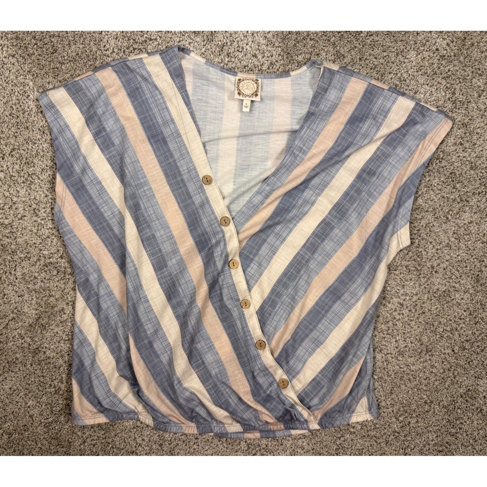True Self Top Striped Faux Wrap Large Blue Tan V-Neck Short Sleeve Casual
